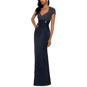 BETSY & ADAM Womens Navy Stretch Sequined Zippered Lace Gathered Ruched Cap Sleeve Queen Anne Neckline Maxi Evening Gown Dress Petites 2P