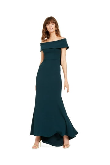 green semi dress Betsy & Adam Velvet One-Shoulder Gown - Black main image 1