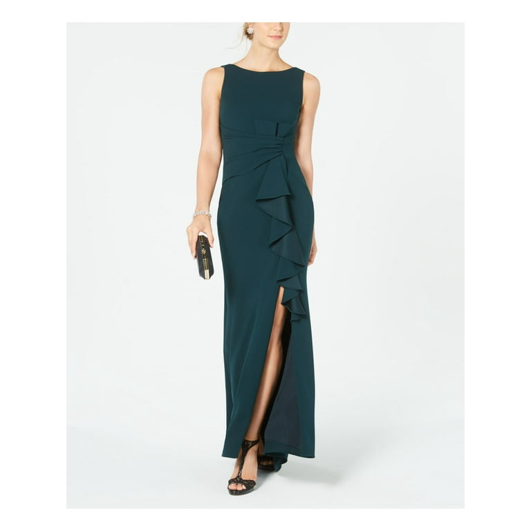 BETSY ADAM Womens Green Ruffled Zippered Gown Sleeveless Boat Neck Full Length Evening Sheath Dress 8