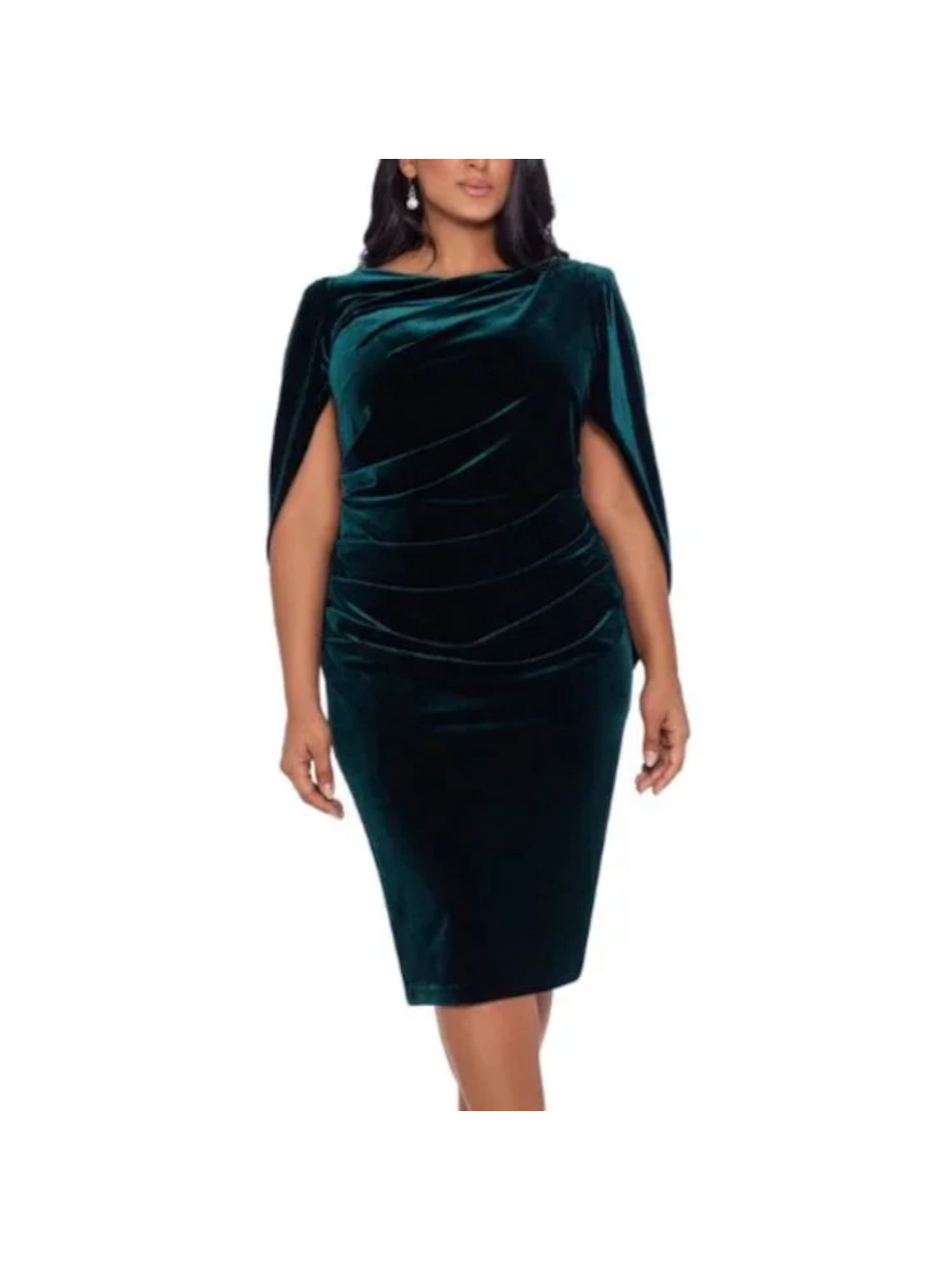 Betsy & Adam Women's Plus Size Long Glitter Cape Sleeve Dress - Formal Gown With Draped Neckline