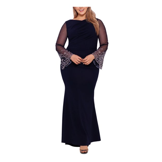 BETSY & ADAM Womens Navy Beaded Zippered Sheer Ruched Lined Bell Sleeve ...