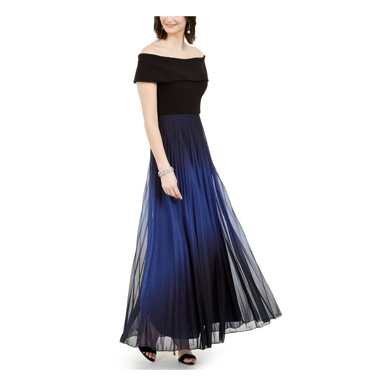 BETSY ADAM Womens Navy Pleated Glitter Gown Ombre Short Sleeve