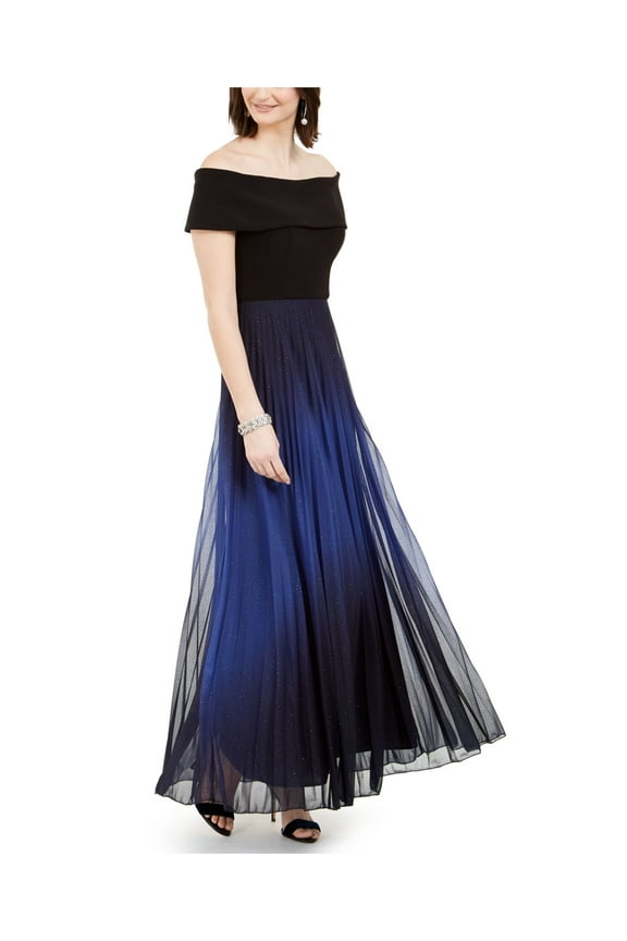 Womens Navy Pleated Glitter Gown Ombre Short Sleeve Off Shoulder Maxi Evening Fit + Flare Dress 8