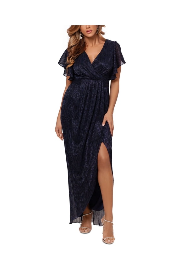 Womens Navy Pleated Zippered High Slit Tulip-skirt Lined Flutter Sleeve V Neck Full-Length Formal Faux Wrap Dress 8
