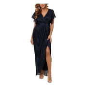 BETSY & ADAM Womens Navy Pleated Zippered High Slit Tulip-skirt Lined Flutter Sleeve V Neck Full-Length Formal Faux Wrap Dress 8