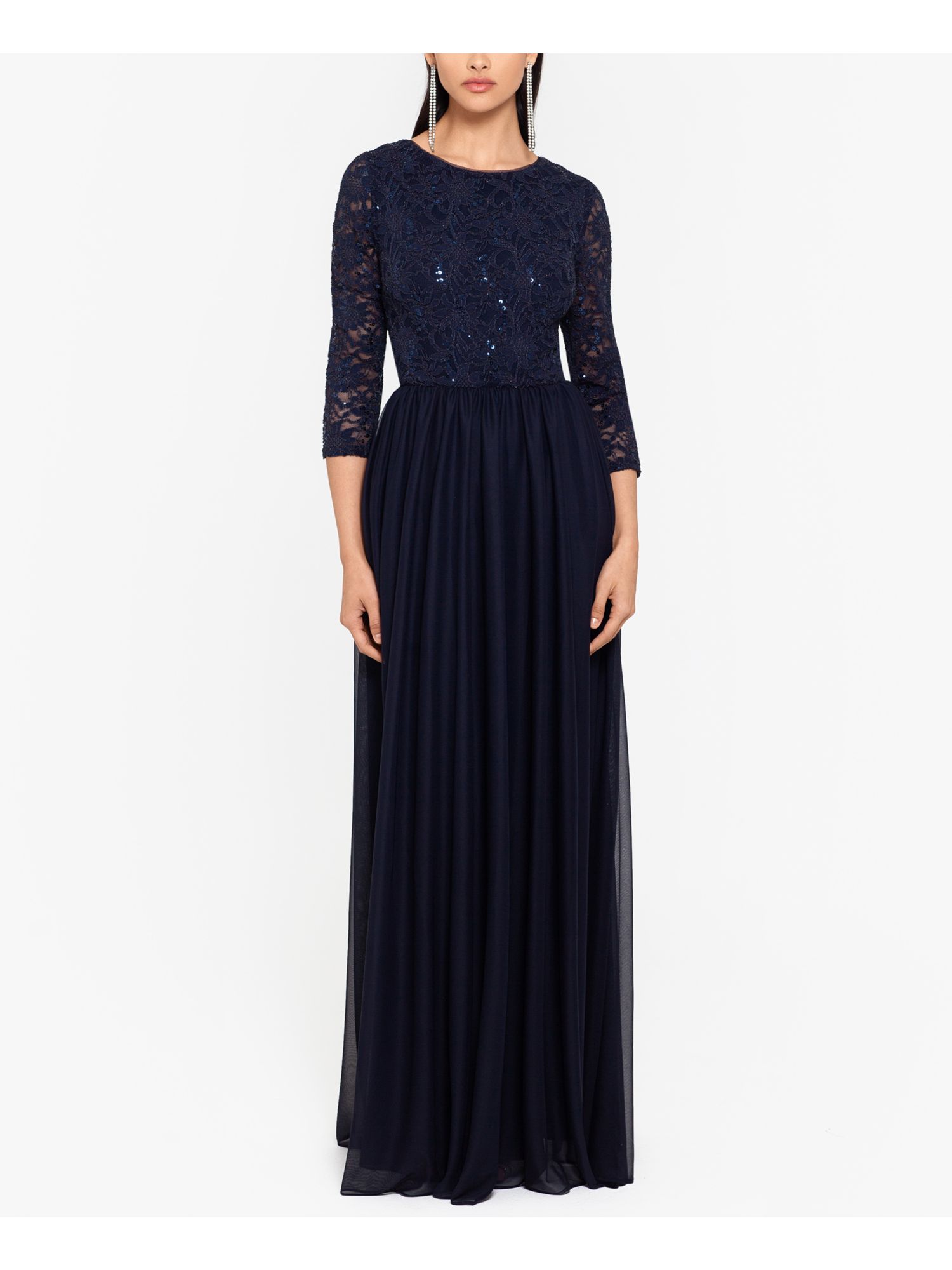 betsy and adam navy lace dress Betsy & Adam Women's Sequined Lace Long-Sleeve Gown