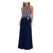 BETSY & ADAM Womens Navy Sequined Zippered Embroidered Lined Sleeveless Round Neck Full-Length Evening Gown Dress Petites 10P