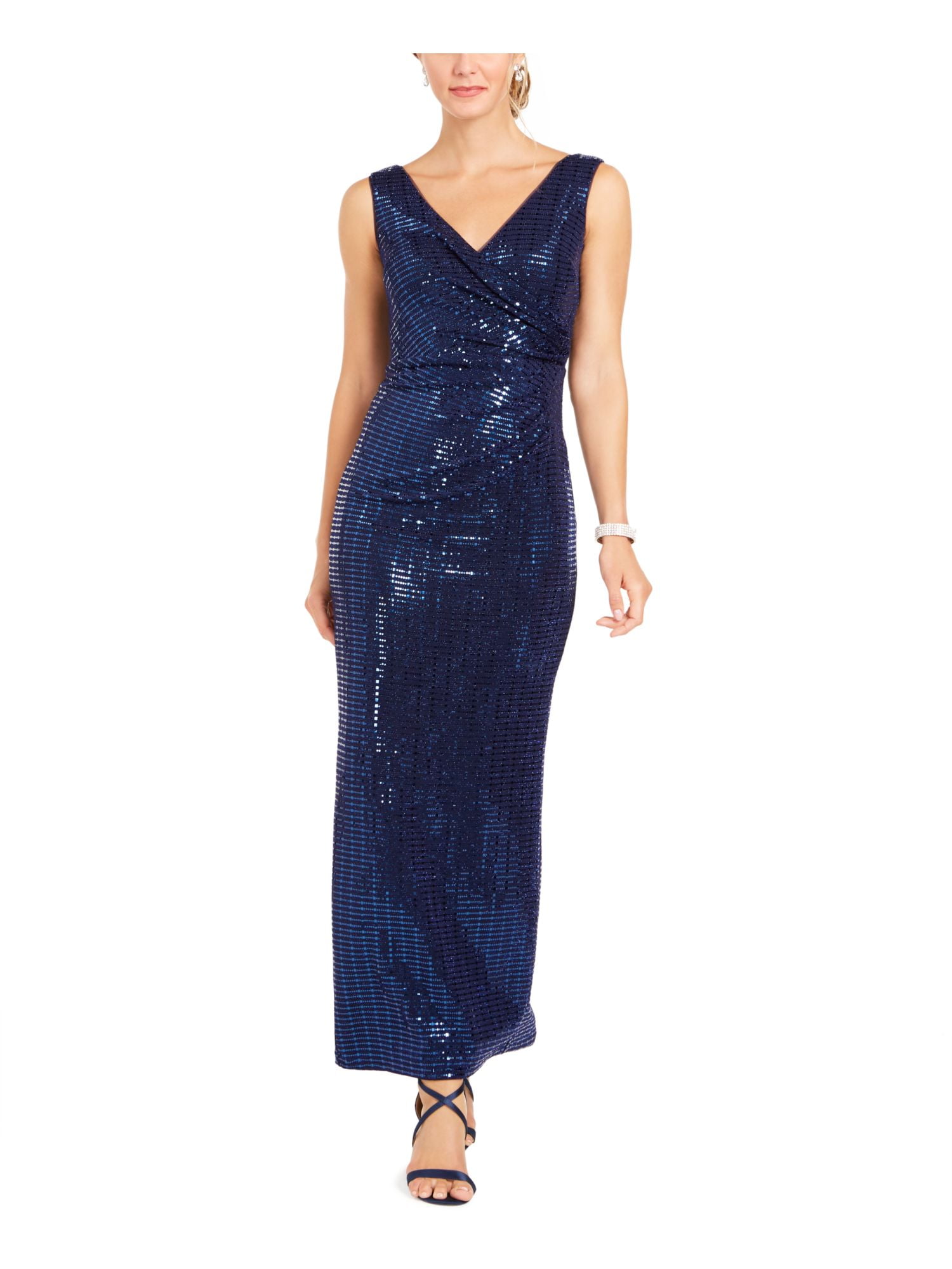 BETSY & ADAM Womens Navy Sleeveless Maxi Sheath Cocktail Dress Petites