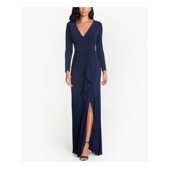 BETSY & ADAM Womens Navy Stretch Ruffled Zippered Slitted Long Sleeve V Neck Full-Length Evening Sheath Dress 4