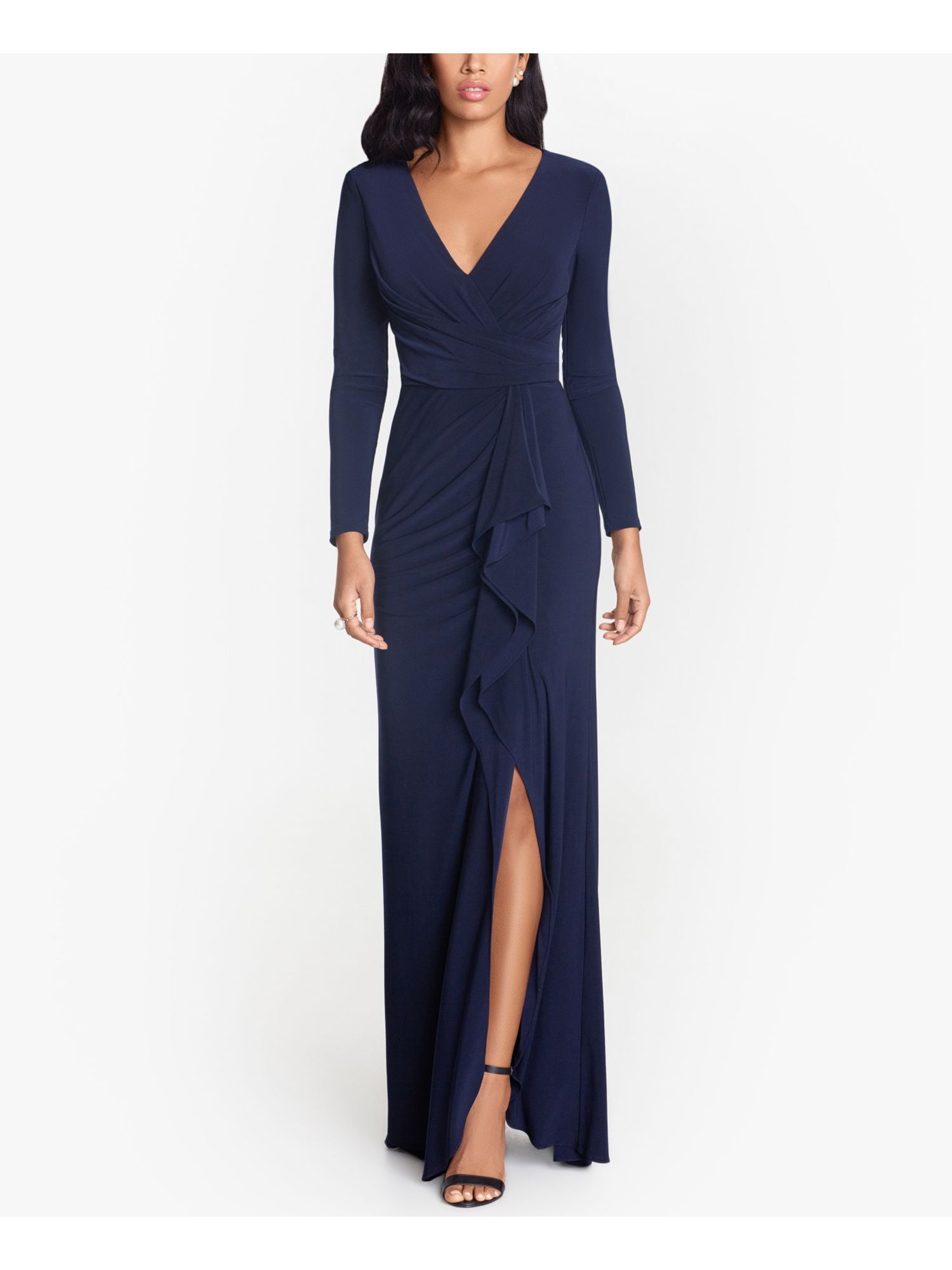 Pleated V-neck Cap Sleeve Ruffle Sheath Long Dress Navy Blue main image 1