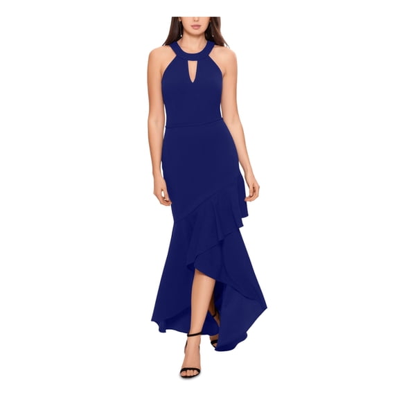 BETSY & ADAM Womens Navy Stretch Zippered Ruffled Keyhole Cutout Mermaid Gown Sleeveless Halter Full-Length Formal Hi-Lo Dress 2