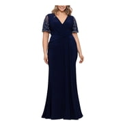 ML MONIQUE LHUILLIER Womens Black Stretch Zippered Pleated Scalloped Neckline Solid Waistba Floral Long Sleeve Surplice Neckline Short Cocktail Sheath Dress main image 1