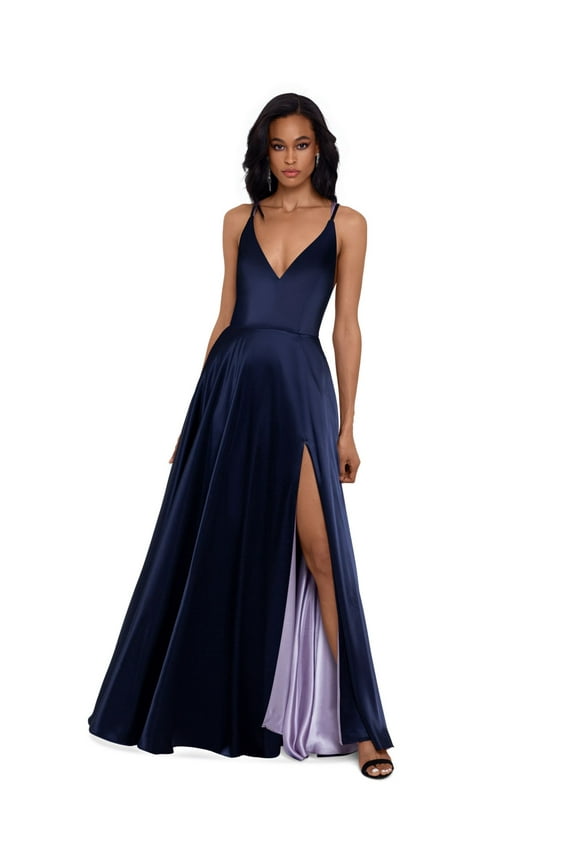 Womens Navy Zippered Satin Lace-up-back Sleeveless V Neck Full-Length Evening Fit + Flare Dress 8