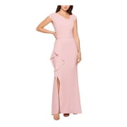 BETSY & ADAM Womens Pink Zippered Ruffled Slitted Cap Sleeve Asymmetrical Neckline Full-Length Formal Gown Dress Petites 6P