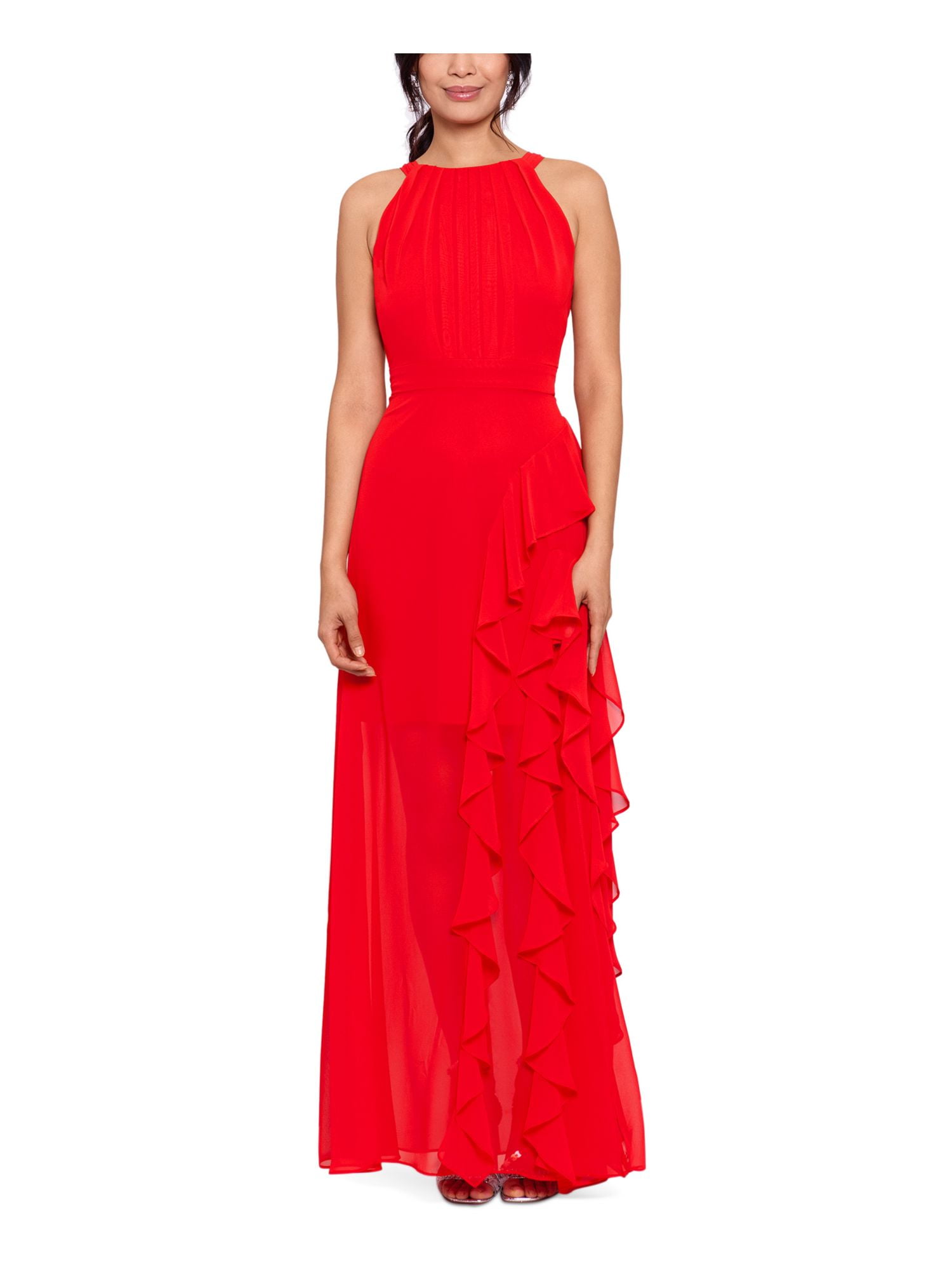 betsy and adam red ruffle dress Betsy & Adam Strapless "Fiona" Ruffle Evening Dress A26851