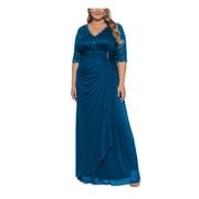 BETSY & ADAM Womens Teal Zippered Embellished Draped Front Lined 3/4 Sleeve V Neck Full-Length Formal Gown Dress Petites 12P