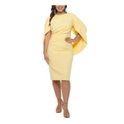 BETSY & ADAM Womens Yellow Zippered Ruched Cape Sleeves V-back Round Neck Above The Knee Evening Sheath Dress Plus 20W