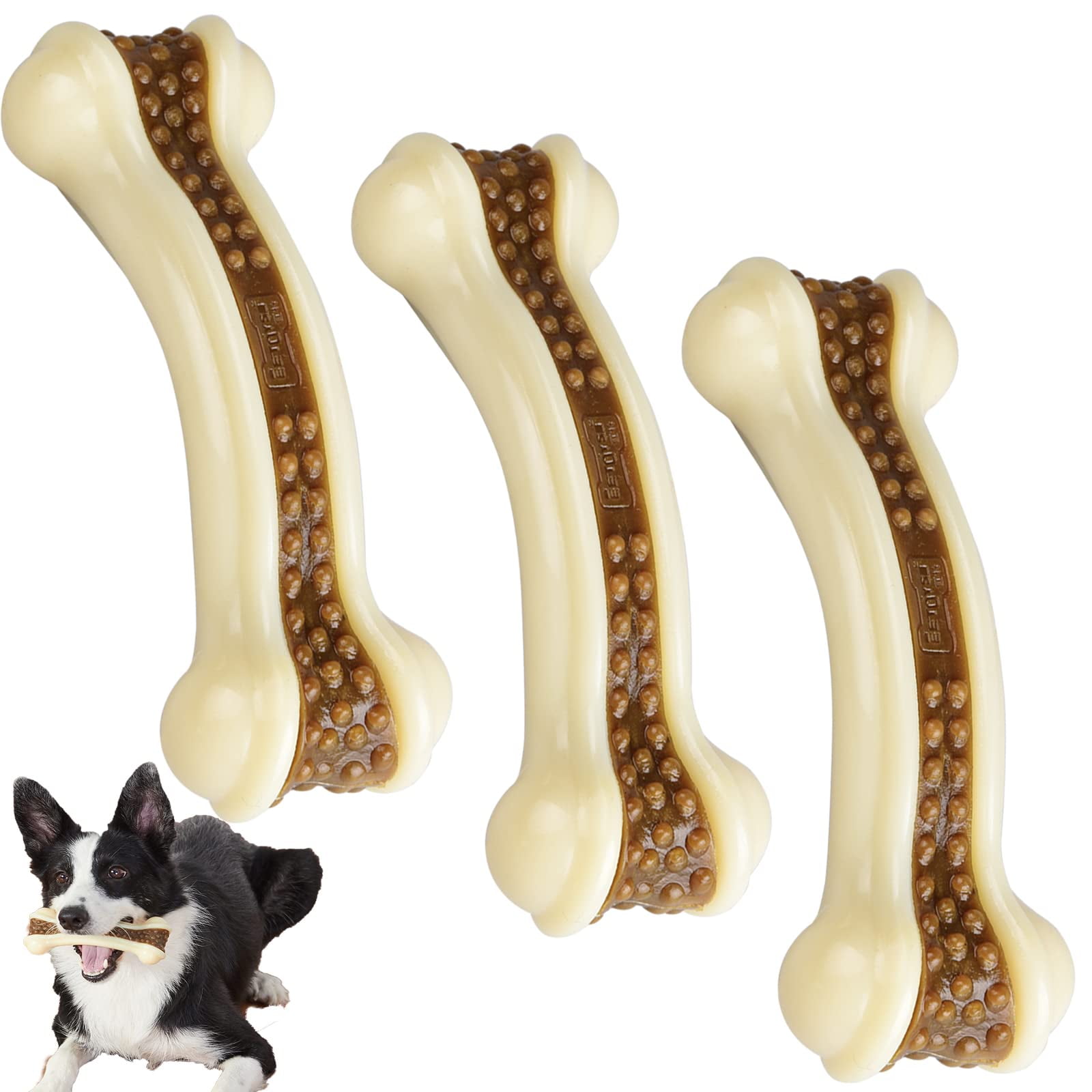 BETTEPROD Dog Chew Toys for Aggressive Chewers Large Breed, 3 Pack Real Beef Flavor,Indestructible Dog Teething Chew Toys for Large/Medium/Small Puppies,Tough Pet Toy with Durable Nylon