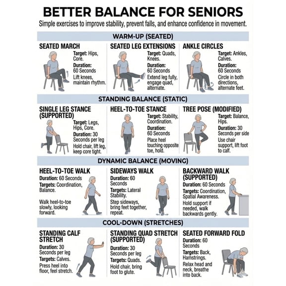BETTER BALANCE FOR SENIORS Simple exercises to improve stability, prevent falls, and enhance confidence in movement poster