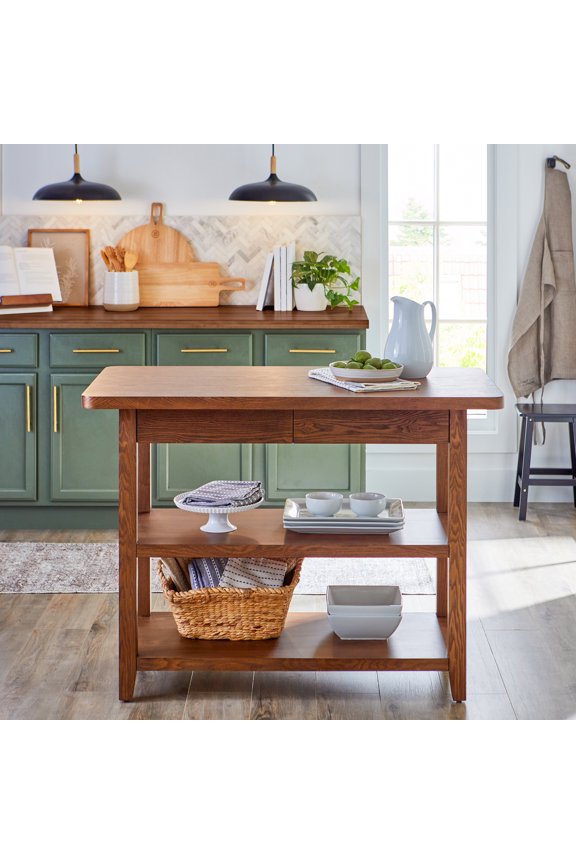 Reading Wood Kitchen Island with 2 Shelves and Drawers, Walnut