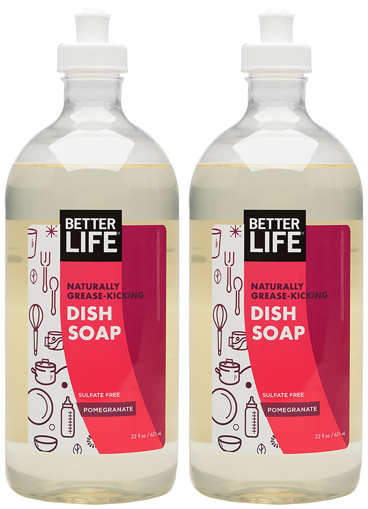 Better Life Sulfate Free Dish Soap, Tough on Grease & Gentle on Hands, Pomegranate, 22 Ounces (Pack of 2), 24069