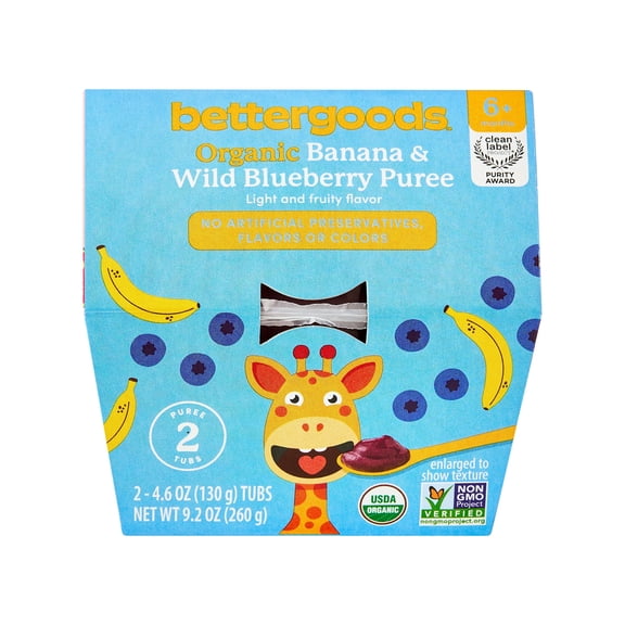 bettergoods Organic Stage 2 Baby Food, Banana and Wild Blueberry Puree, 4.6 oz Tubs, 2 Count