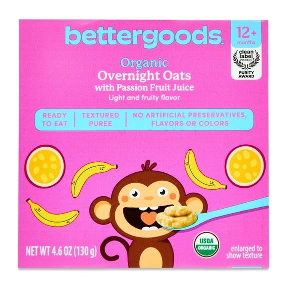 bettergoods Organic Stage 4 Baby Food Overnight Oats with Passion Fruit Juice, 4.6 oz Tub