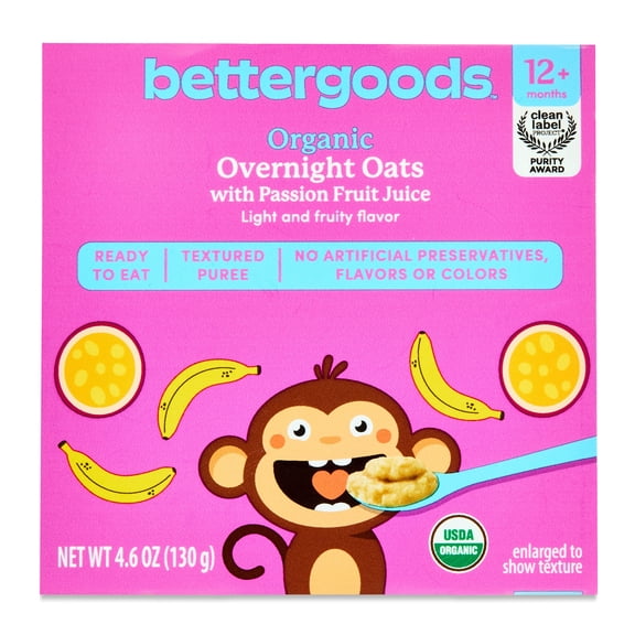 bettergoods Organic Stage 4 Baby Food Overnight Oats with Passion Fruit Juice, 4.6 oz Tub