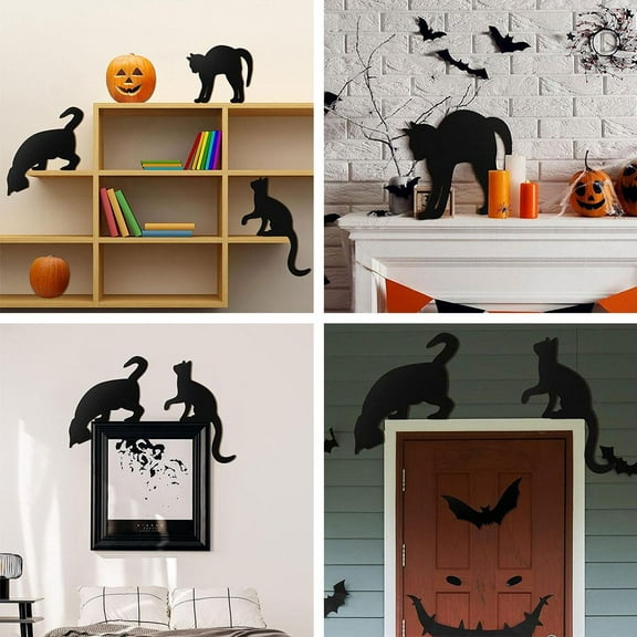 BETTERLIFE 3-Piece Halloween Black Cat Decor Set - Wooden Cat Silhouettes, Hanging Signs & Cutout Wood Door Decorations for Scary Family Home, Porch, Garden and Party Decor I8Z6