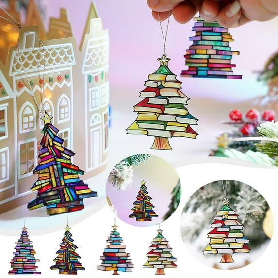 BETTERLIFE Christmas Book Tree Suncatcher Ornament, Book Themed Present Stained Artsy G0R8