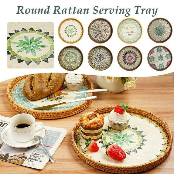 BETTERLIFE Round Rattan Serving Tray with Mother of Pearl Inlay Hand Woven ξ√ √ι β' `μ #л Z2J9