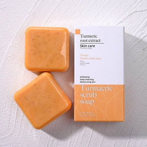 BEUKING 2Pcs Natural Turmeric Soap Bars for Face & Body, Exfoliating & Nourishing Skincare Bar,Handmade Gentle Scrub Soap,Refine the Skin, for Glowing skin,Reduces Acne, Deep Cleanses Skin