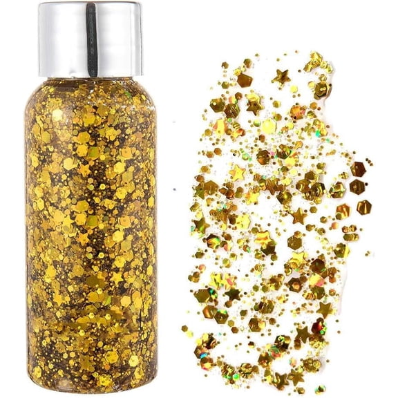 BEUKING Gold Body Glitter,Yellow Face Glitter,Music Festival Singer Concert Outfits for Women,Holographic Hair Glitter Makeup,Self-Adhesive Sparkle Face Body Glitter,Mardi Gras Accessories, 02 Gold