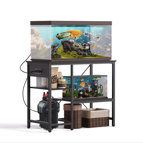 BEURUKU 40-50 Gallon Fish Tank Stand with Power Outlet & LED Light, Metal Aquarium Stand with 3 Tier Adjustable Storage Shelves, Tank Stand for Reptile Tank, Turtle Tank, 36" L*18.5" W, Black
