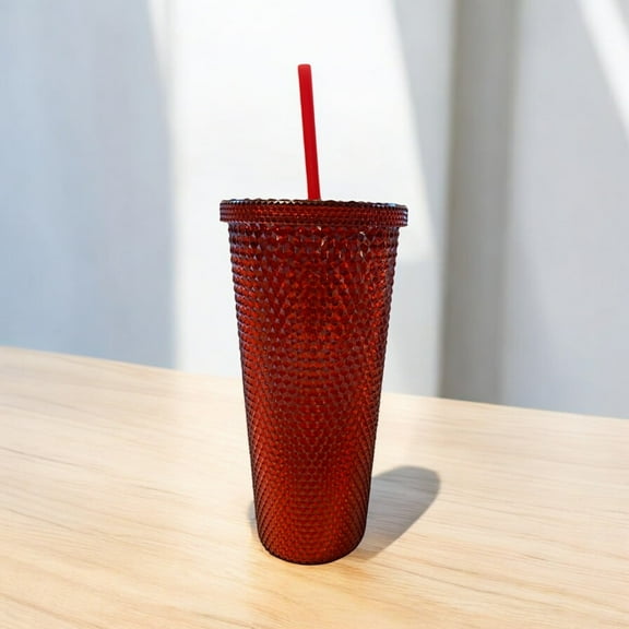 RUBY RED BLINGED TUMBLER WITH STRAW
