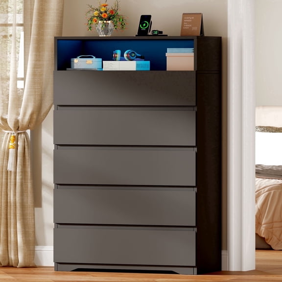 BEWISHOME 5 Drawers Dresser Wooden Bedroom Storage Cabinet Chest of Drawers with LED Lights & Open Shelves, for Bedroom, Living Room, Black