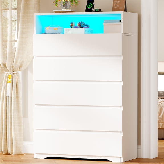 BEWISHOME 5 Drawers Dresser, Wooden Bedroom Storage Cabinet, Chest of Drawers with LED Lights & Open Shelves, for Bedroom, Living Room, White