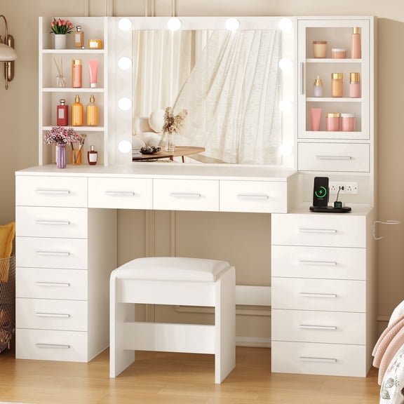 BEWISHOME 53.1" Makeup Vanity Set with Lights, Vanity Desk with Charging Station, Dressing Table with 15 Drawers for Bedroom, White