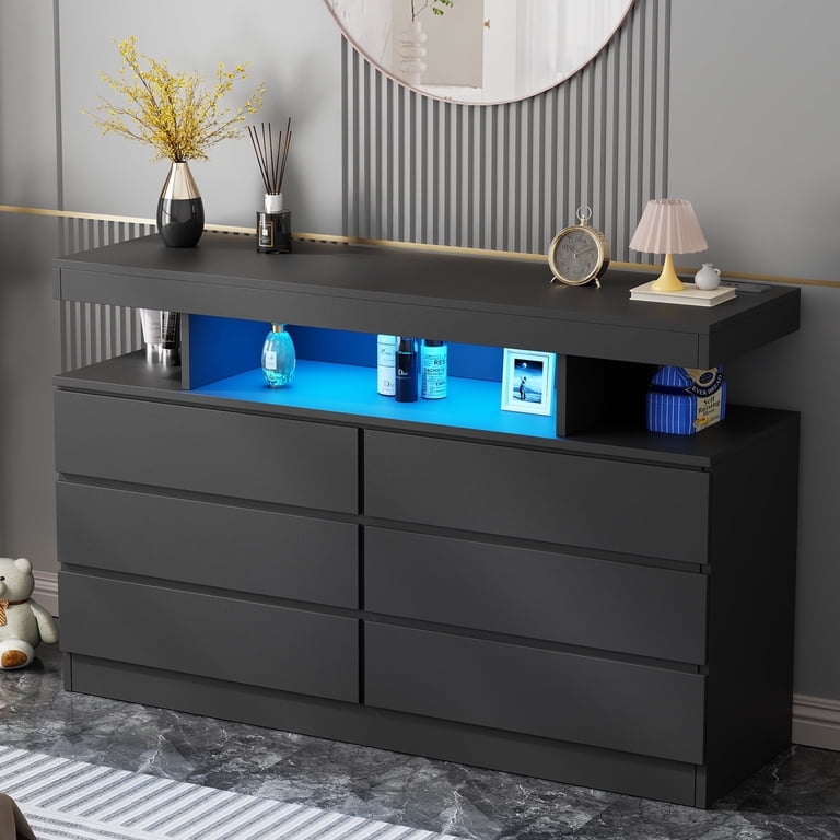 BEWISHOME Black 6-Drawer Dresser, 47.24 inches, RGB LED Lights, Charging Station, Open Shelf