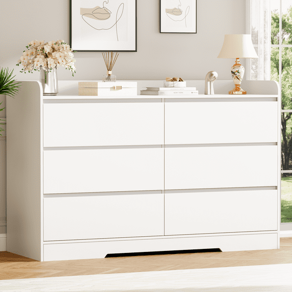 BEWISHOME 6 Drawer White Double Dresser for Bedroom, 47.2'' Chest of Drawer for Living Room