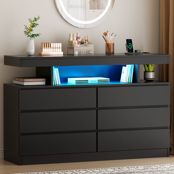 BEWISHOME Black LED 6 Drawers Dresser for Bedroom, Modern Wood Chest of Drawers with Charging Station & Handle Free, TV Stand Tall Dresser for Closet, Living Room, Entryway, Hallway