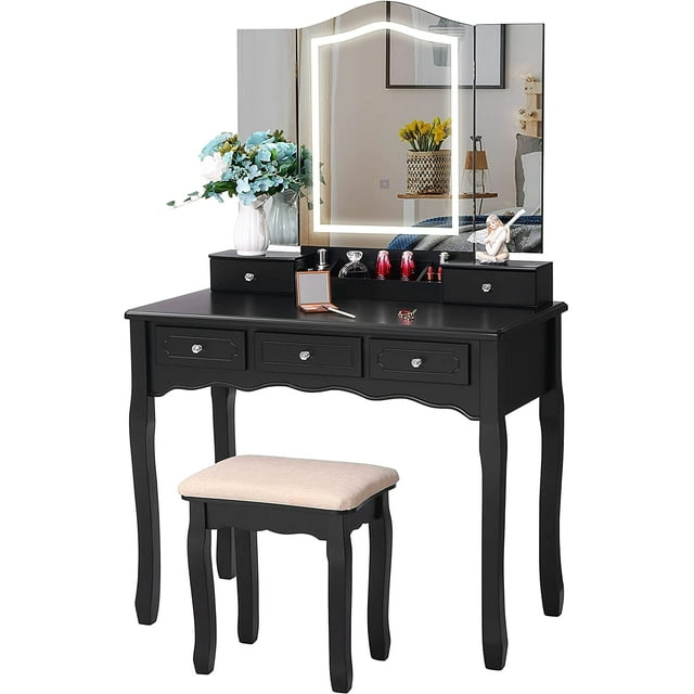 BEWISHOME Makeup Vanity with Lights, Vanity Set with TriFolding Mirror