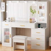 BEWISHOME Vanity Desk with Glass Top, LED Mirror, Charging Station & 5 Drawers   White