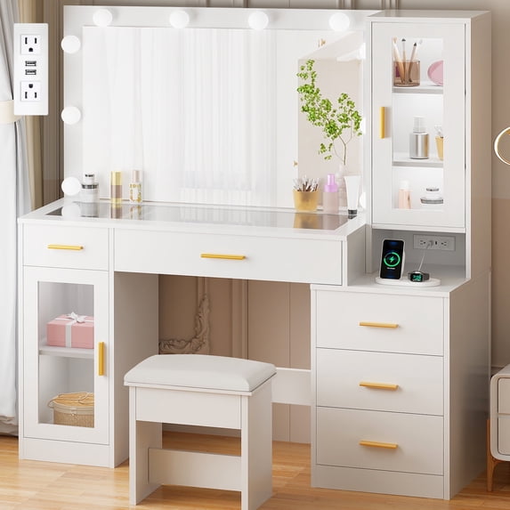 BEWISHOME Vanity Desk with Glass Top, LED Mirror, Charging Station & 5 Drawers – White