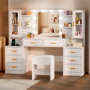 BEWISHOME Modern Dressing Table Vanity with LED Lights, 8 Drawers & USB Charging