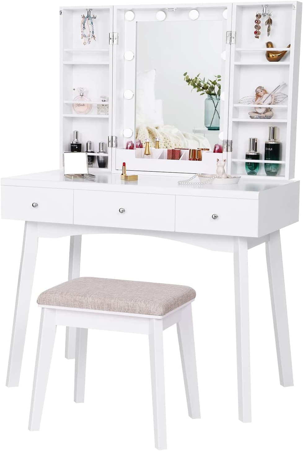 BEWISHOME Vanity Set with Lighted Mirror, 10 LED Bulbs, 3 Drawers