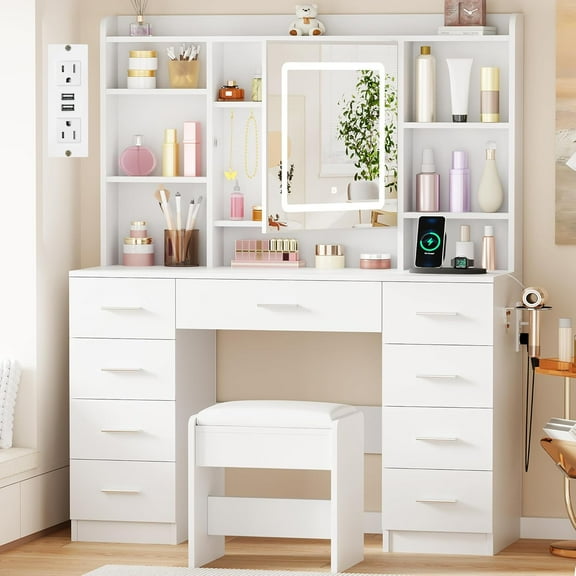 BEWISHOME Vanity Desk with Mirror and Lights, Makeup Vanity Table with Power Outlet,Stool Vanity Table with 9 Drawers 6 Storage Shelves Jewelry Storage,Dressing Table for Bedroom Girls White FST36W