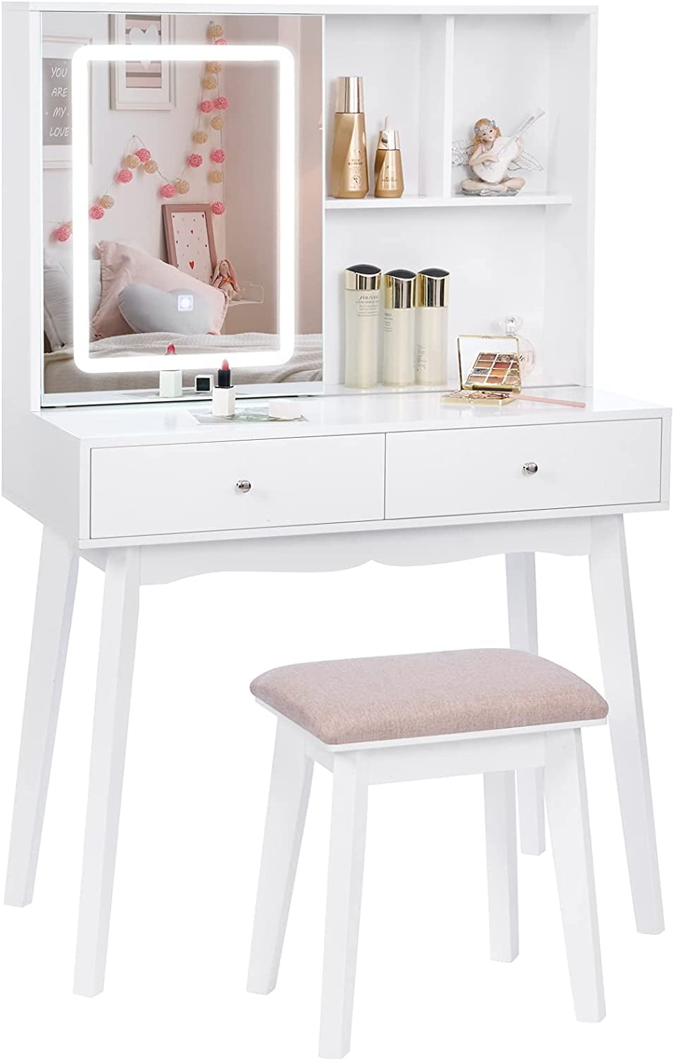 BEWISHOME Vanity Desk with Mirror and Lights, Makeup Vanity with Lights, White Vanity Set, Makeup Desk with 3 Color Lighting, Vanity Table with Cabinet & 2 Drawers, Dressing Table Makeup Table FST15W