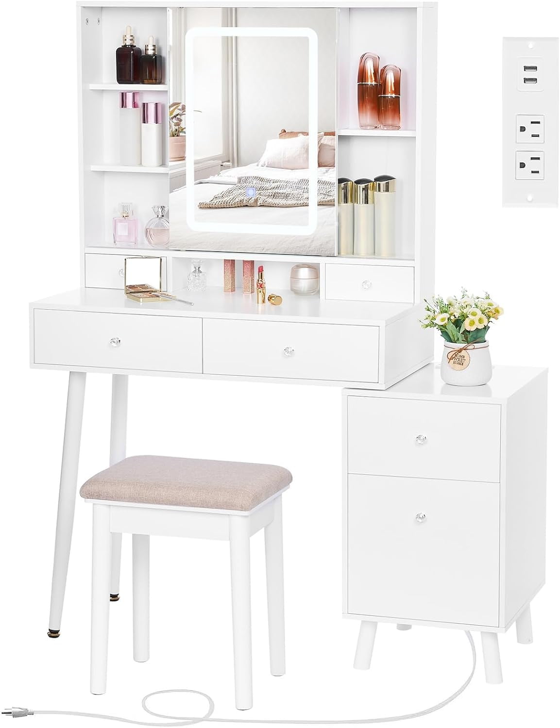 BEWISHOME White Makeup Vanity Desk With Lighted Mirror - Glass Top, Charging Station, Drawers, Stool, Dressing Table