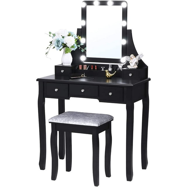 BEWISHOME Vanity Set with Lighted Mirror, 10 LED Bulbs, Cushioned Stool